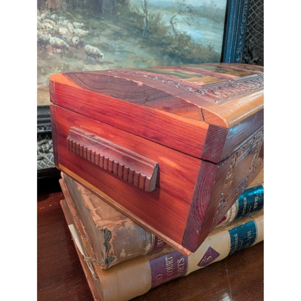 Vintage Carved Cedar Wood Jewelry Box Pastoral Landscape Mirror Trinket Chest